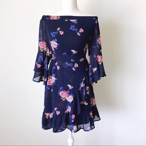 New Xhilaration Blue Floral Off the Shoulder Dress, Medium